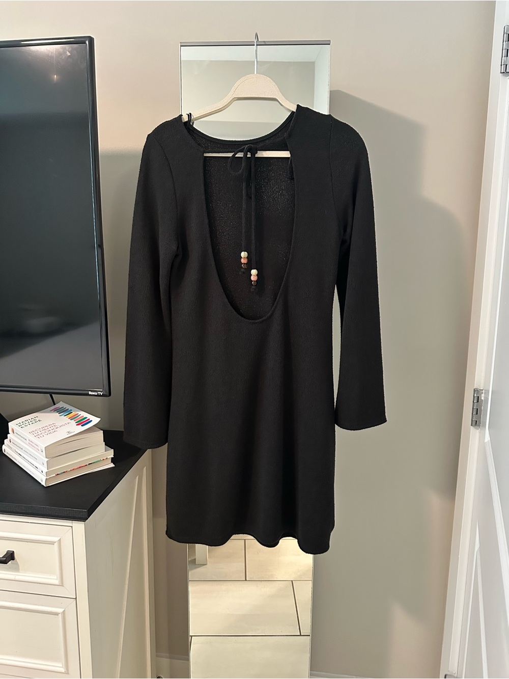 H&M Black Long-Sleeve Backless Mini Dress with Tie Bead Detail